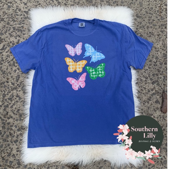 Plaid Butterflies Spring Comfort Colors T-Shirt - Picture 2 of 2
